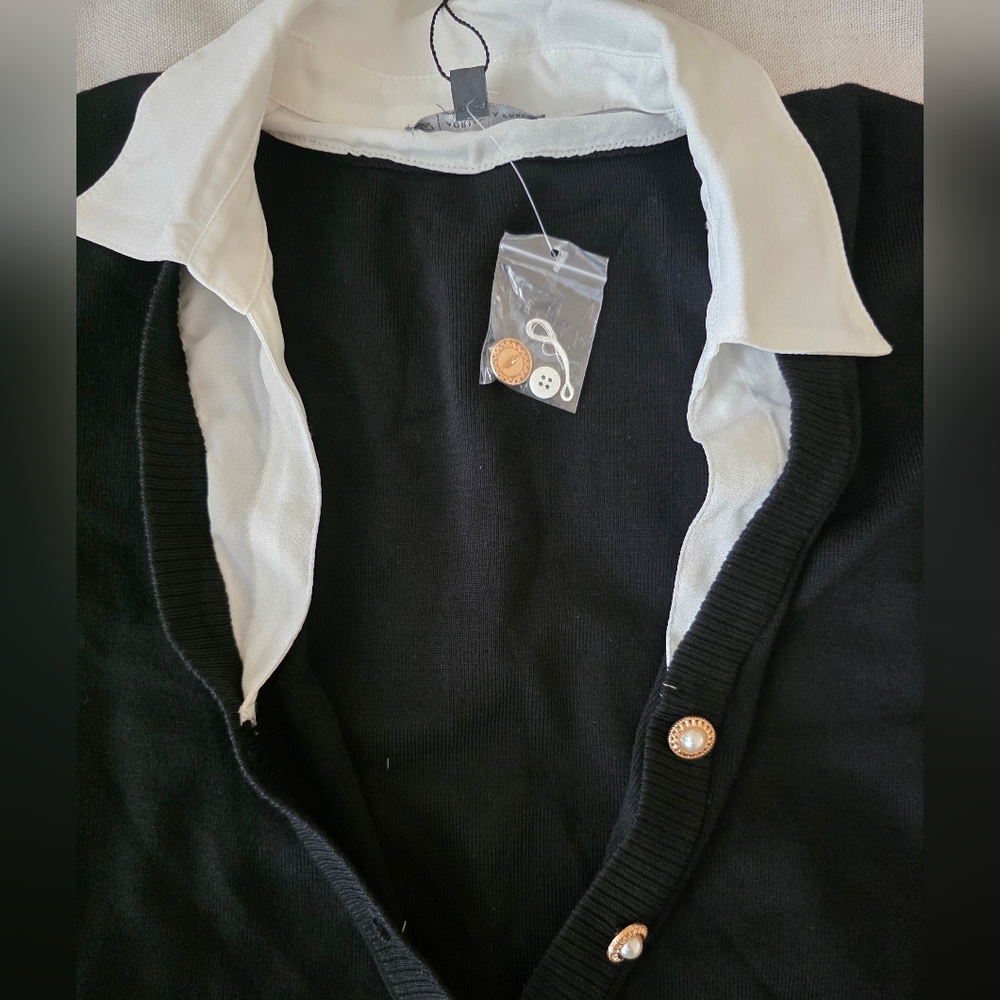 Adrianna Papell Black Button Down Sweater Vest Long Sheer Sleeves Classy Size L - Picture 11 of 14